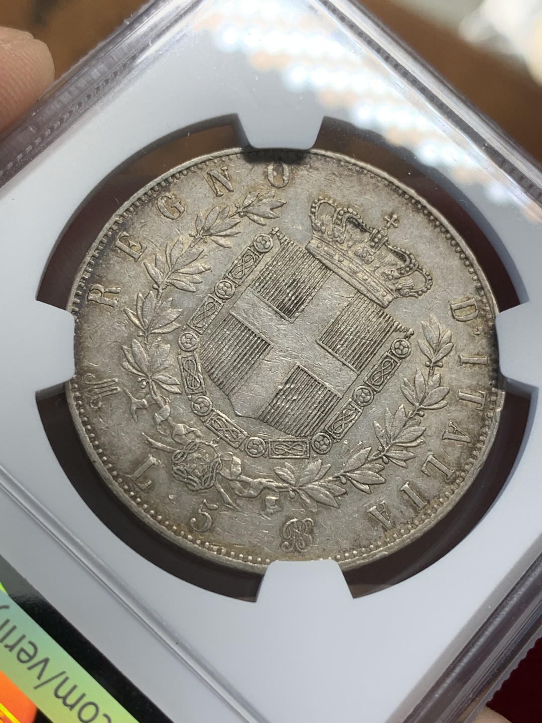 《竞宝斋》第109场-周日，周一 ，周四3场连拍（全场包邮） NGC-AU53 意大利1874年 艾曼纽尔二世5里拉大银币 原味老包浆