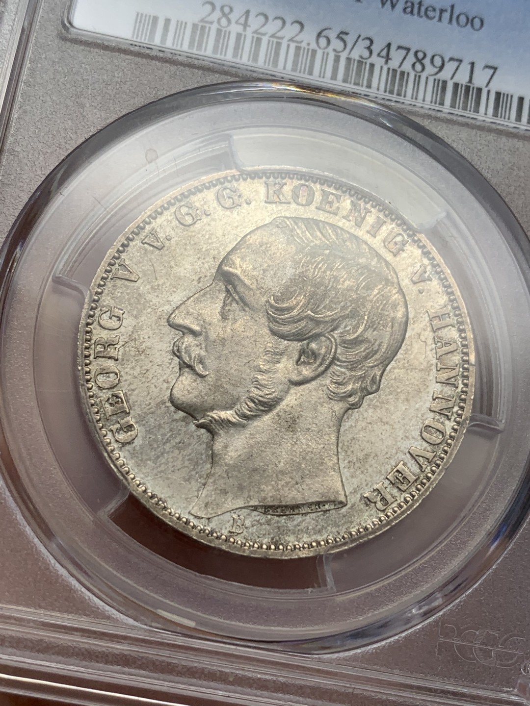 《竞宝斋》第109场-周日，周一 ，周四3场连拍（全场包邮） 亚军分 PCGS MS65 德国1865 汉诺威 滑铁卢战役 泰勒银币 PL底板 高等级分数 据说用来犒赏滑铁卢老兵只用 状态极好