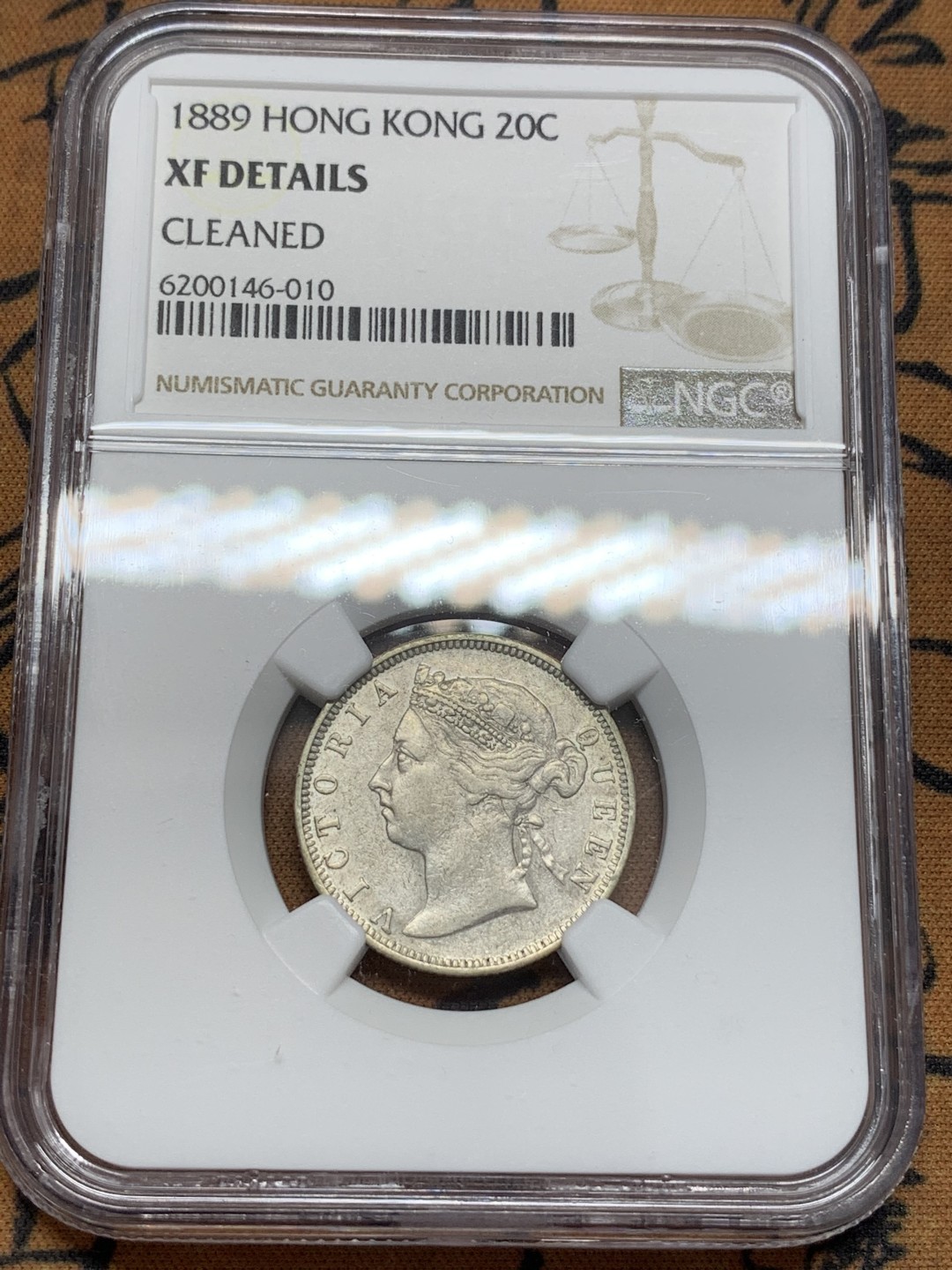 《竞宝斋》第109场-周日，周一 ，周四3场连拍（全场包邮） NGC-XFD 中国 香港 1889年 贰毫 银币 底板带光 细节不错