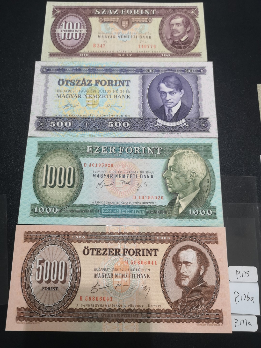 《外钞收藏家》第二百一十一期（欧洲四国精品专场） 匈牙利1990-1992年100-5000福林 新国徽第一套，全套4枚 全新UNC