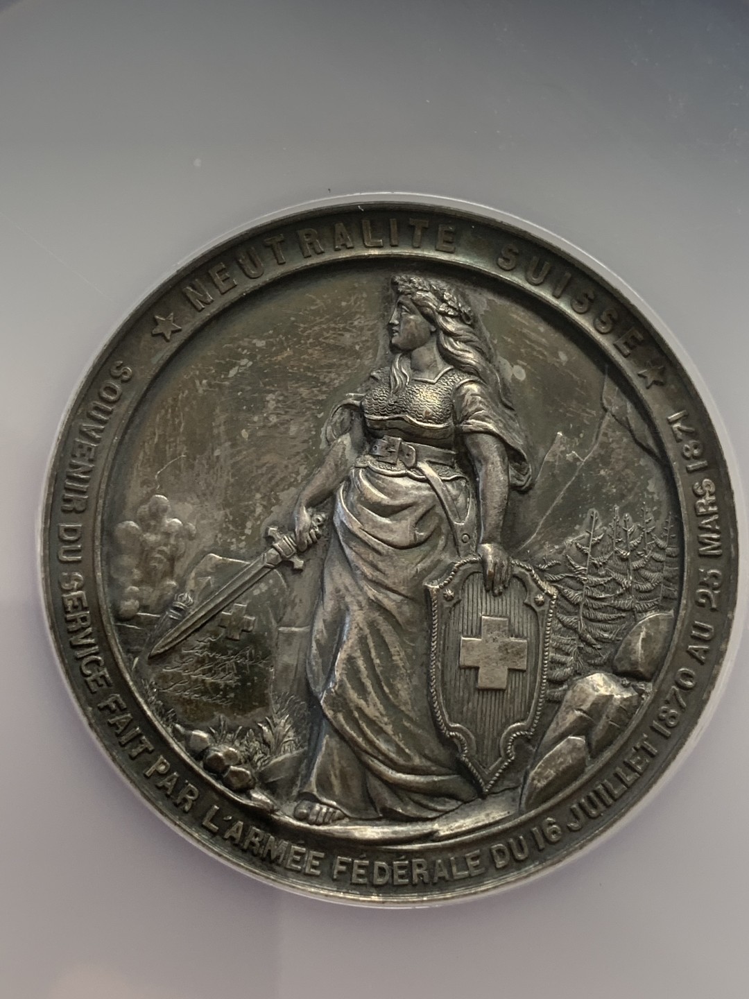 《竞宝斋》第109场-周日，周一 ，周四3场连拍（全场包邮） NGC-MS62 瑞士1871年汉斯射击纪念章 铜镀银 女神造型气势非凡值得收藏 大盒封装