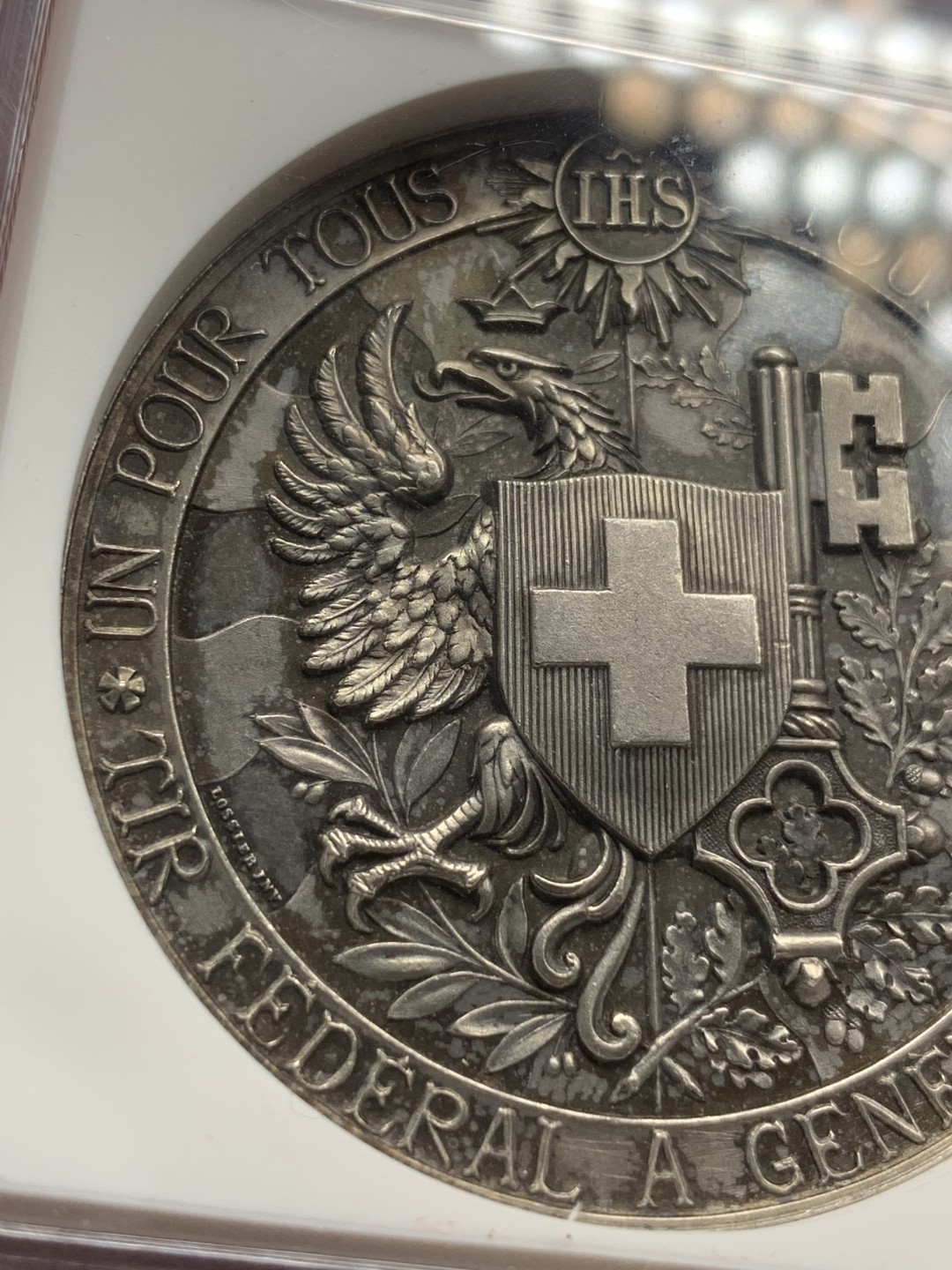 《竞宝斋》第109场-周日，周一 ，周四3场连拍（全场包邮） NGC-MS63 瑞士1887年日内瓦射击章 加厚深浮雕 PL底板 超美细节