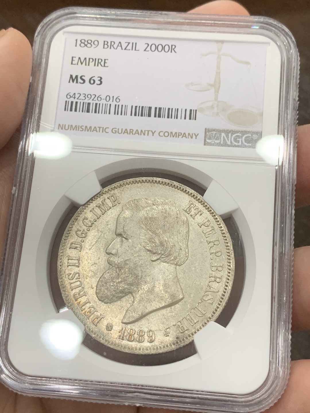 《竞宝斋》第109场-周日，周一 ，周四3场连拍（全场包邮） NGC-MS63 巴西1889年 佩德罗二世 2000R大银币 原光好品