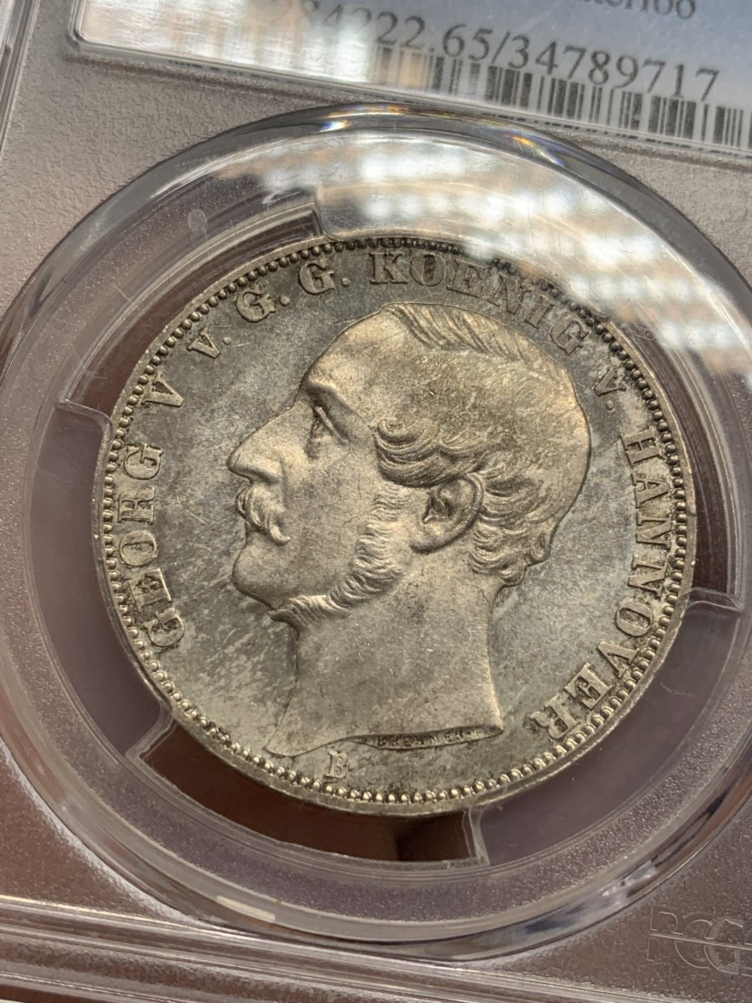 《竞宝斋》第109场-周日，周一 ，周四3场连拍（全场包邮） 亚军分 PCGS MS65 德国1865 汉诺威 滑铁卢战役 泰勒银币 PL底板 高等级分数 据说用来犒赏滑铁卢老兵只用 状态极好
