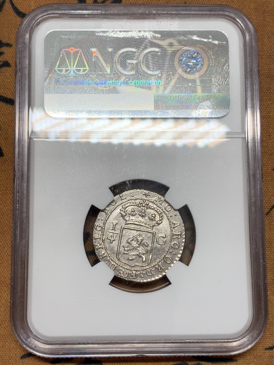 《竞宝斋》第109场-周日，周一 ，周四3场连拍（全场包邮） NGC MS62 荷属东印度群岛 1802年 巴达维亚共和国（1800-1806）1/4G 帆船银币 少见品种 细节好