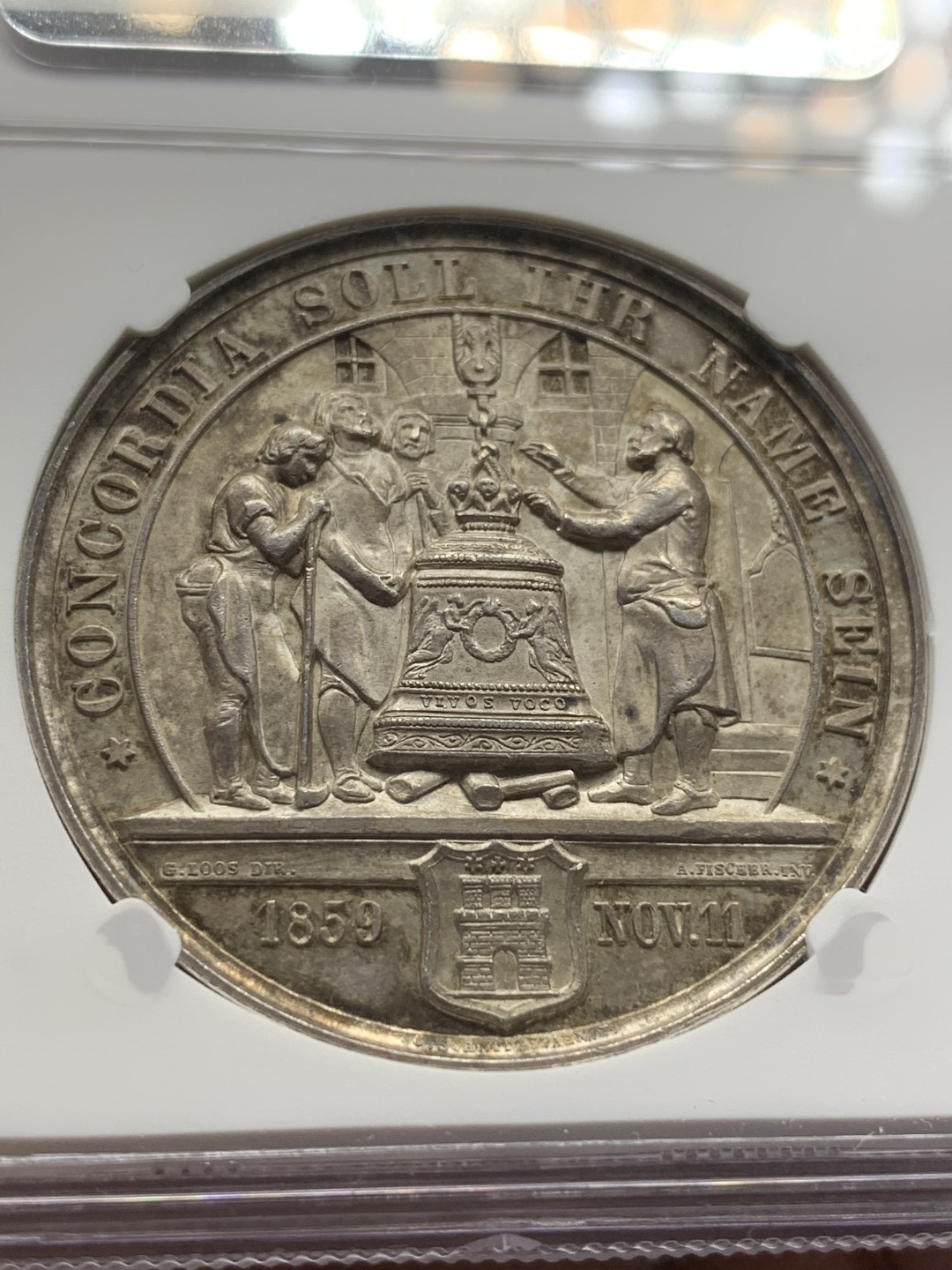 《竞宝斋》第109场-周日，周一 ，周四3场连拍（全场包邮） NGC MS63德国1859年伟大诗人弗里德里希·冯·席勒诞辰100周年纪念大银章 背面为席勒诗歌《死亡格洛克》场景和汉堡盾徽41MM 30G