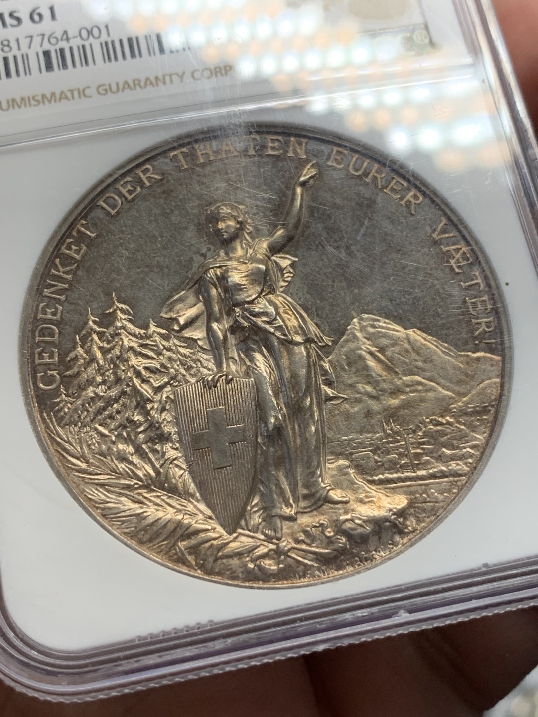 《竞宝斋》第109场-周日，周一 ，周四3场连拍（全场包邮） NGC MS61 瑞士 1892年 格拉鲁斯射击节大银章 镜面底板 金色包浆 低评好品好状态