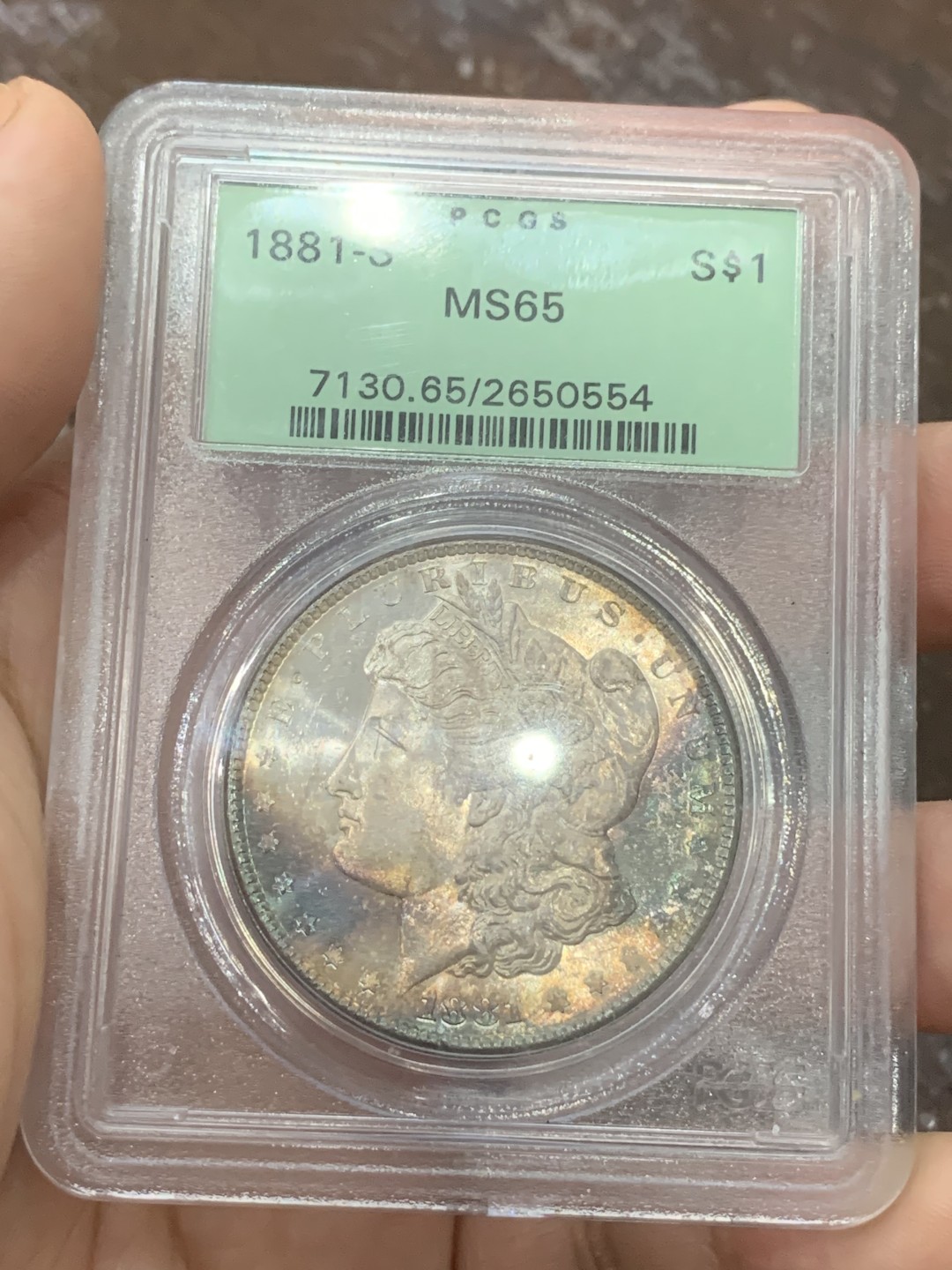 《竞宝斋》第109场-周日，周一 ，周四3场连拍（全场包邮） PCGS-MS65 美国 1881年 摩根银币 女神面 鹰面双面月牙彩 老P绿盒