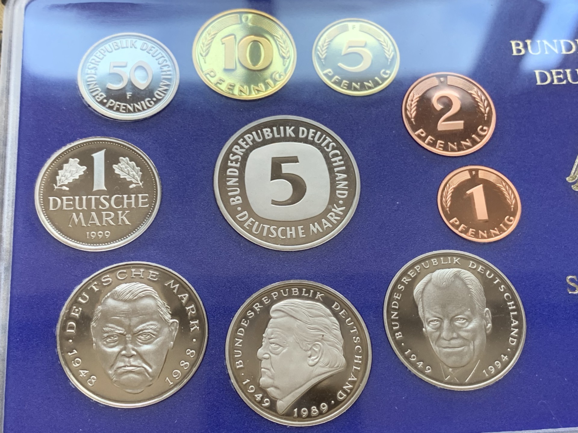 《竞宝斋》第109场-周日，周一 ，周四3场连拍（全场包邮） 德国1999年精制套币5厂齐全（A/D/F/G/J版）