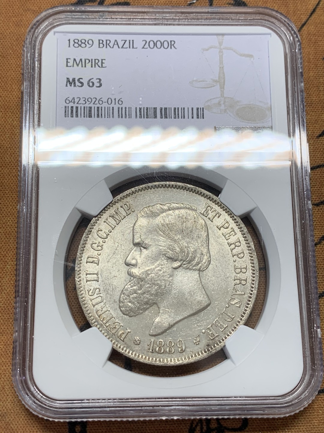 《竞宝斋》第109场-周日，周一 ，周四3场连拍（全场包邮） NGC-MS63 巴西1889年 佩德罗二世 2000R大银币 原光好品