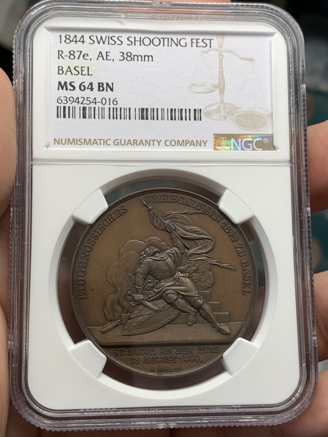 《竞宝斋》第109场-周日，周一 ，周四3场连拍（全场包邮） NGC MS64 BN 瑞士1844年 巴塞尔射击节 铜章 早期品种 巧克力褒奖 细节精制 可藏