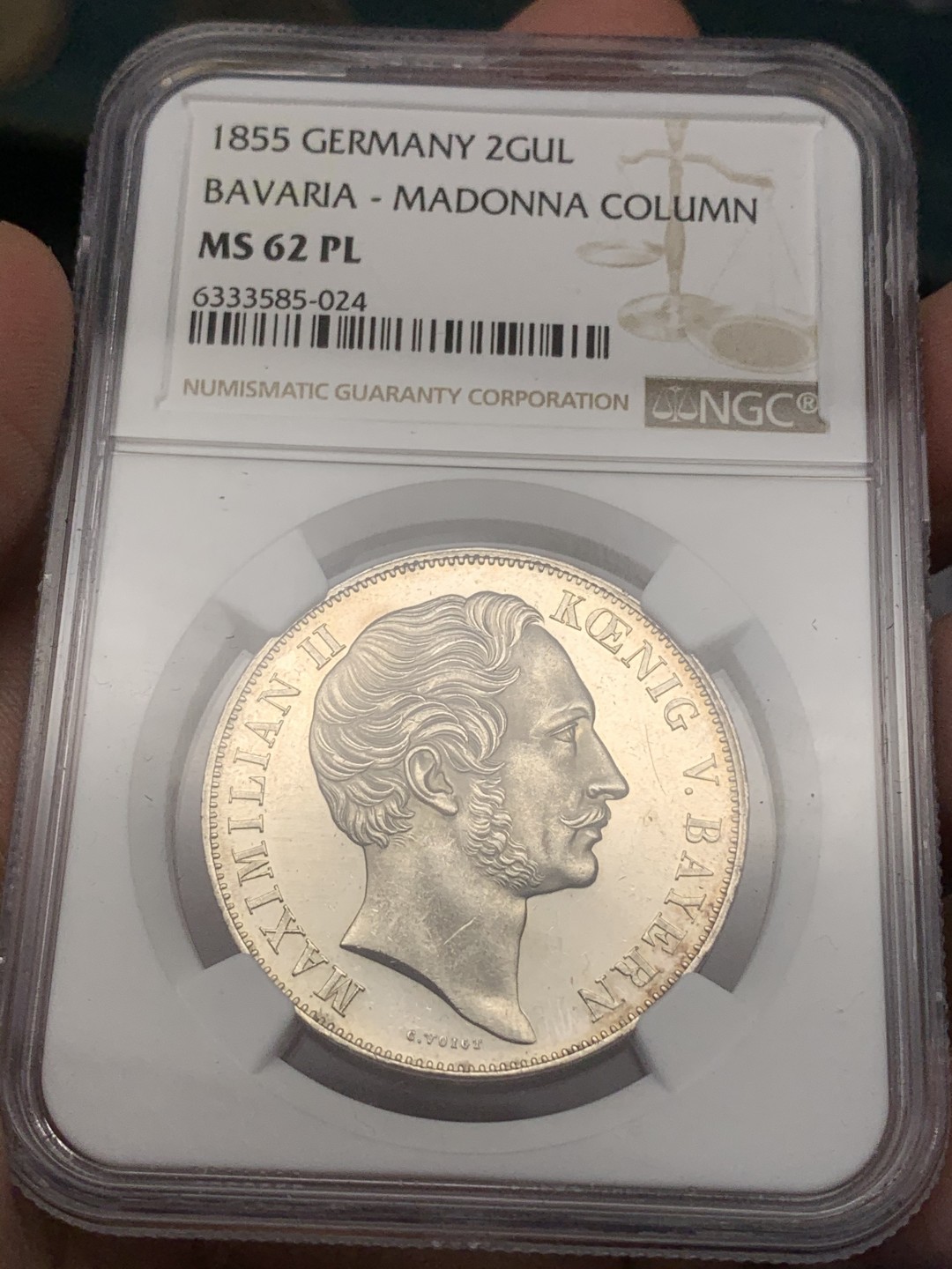 《竞宝斋》第109场-周日，周一 ，周四3场连拍（全场包邮） NGC MS62PL，德国巴伐利亚圣母抱婴1855年2盾，普品不少PL非常难得，上手绝美，更高分只有4枚，上海出评大家都知道