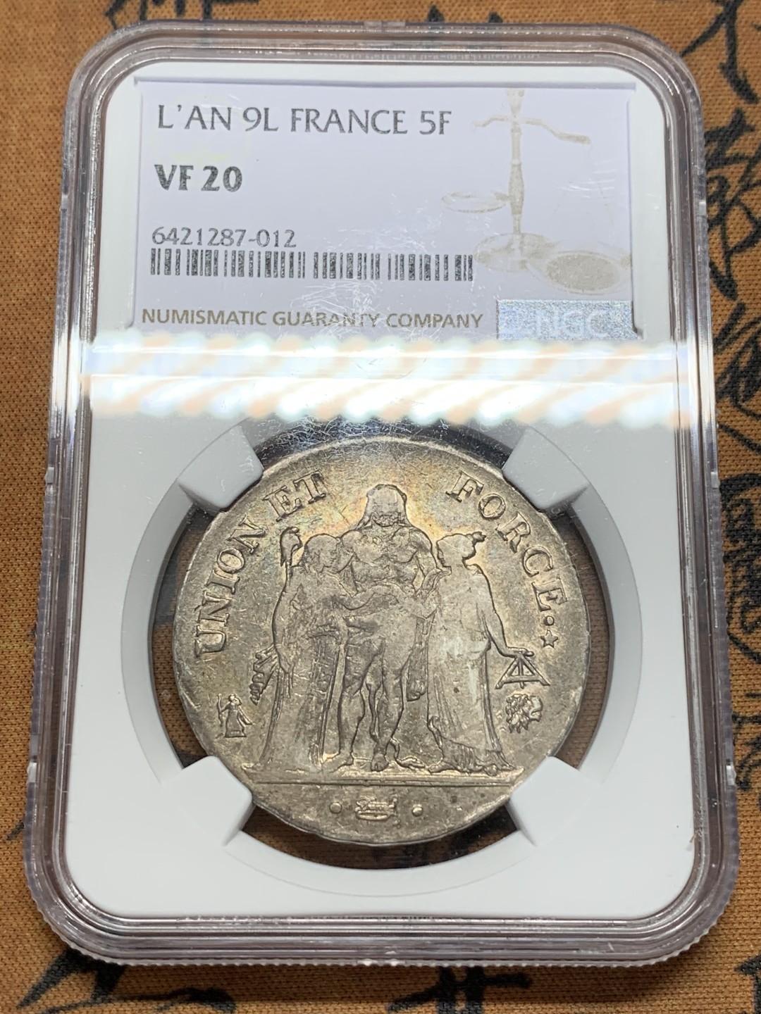 《竞宝斋》第109场-周日，周一 ，周四3场连拍（全场包邮） NGC-VF20 LAN9 法国 第一共和 大力神 5法郎 银币 原味带彩 少见年份