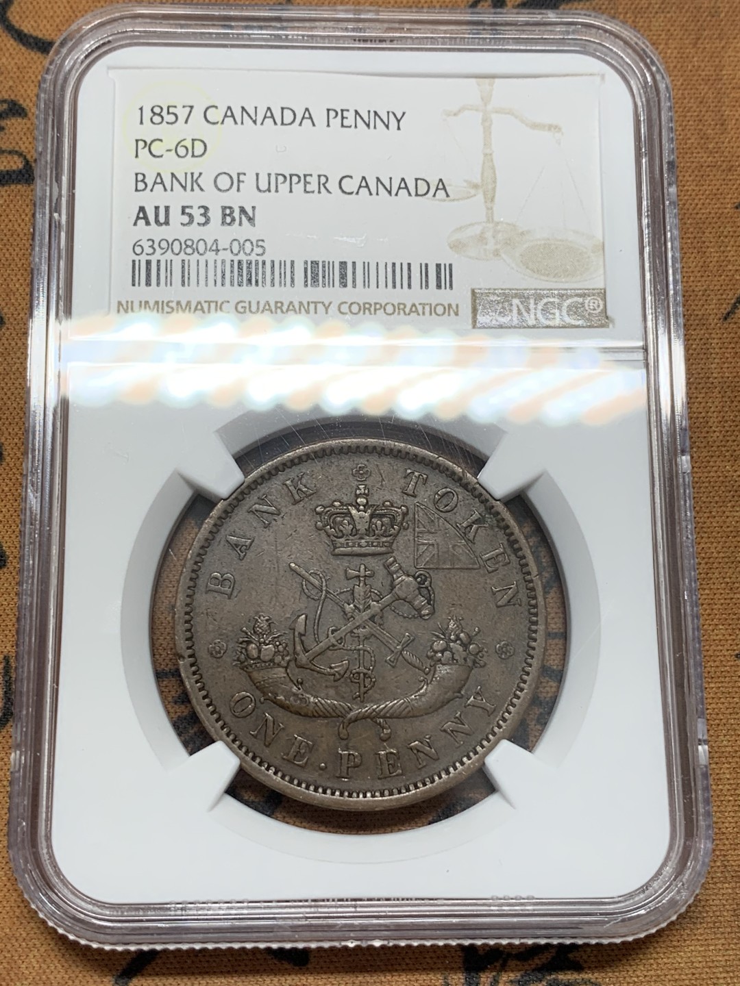 《竞宝斋》第109场-周日，周一 ，周四3场连拍（全场包邮） NGC-AU53 1857年 上加拿大银行1便士Token大铜 经典马剑屠龙 细节不错的加拿大马剑 性价比之选