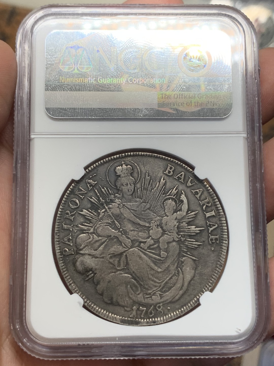 《竞宝斋》第109场-周日，周一 ，周四3场连拍（全场包邮） NGC VF20，德国巴伐利亚圣母抱婴1768年泰勒，人物神态丰满，250多年的银币这样的颜值非常难得