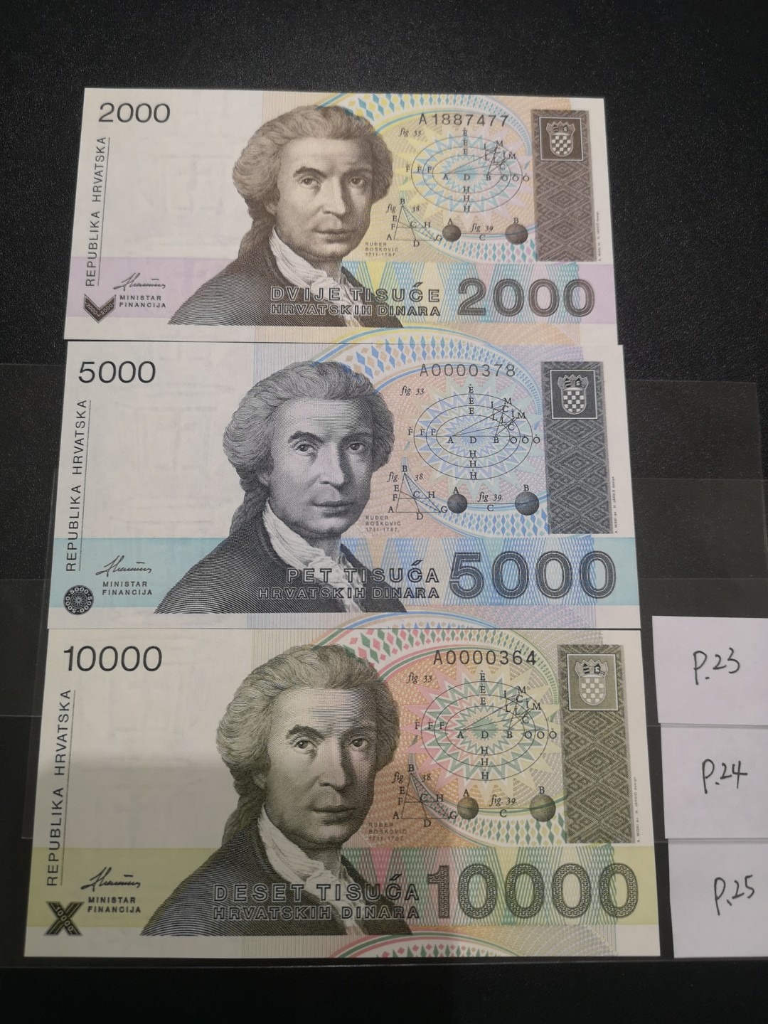 《外钞收藏家》第二百一十一期（欧洲四国精品专场） 克罗地亚1992年2000-5000第纳尔  1992年全套第纳尔 全新UNC