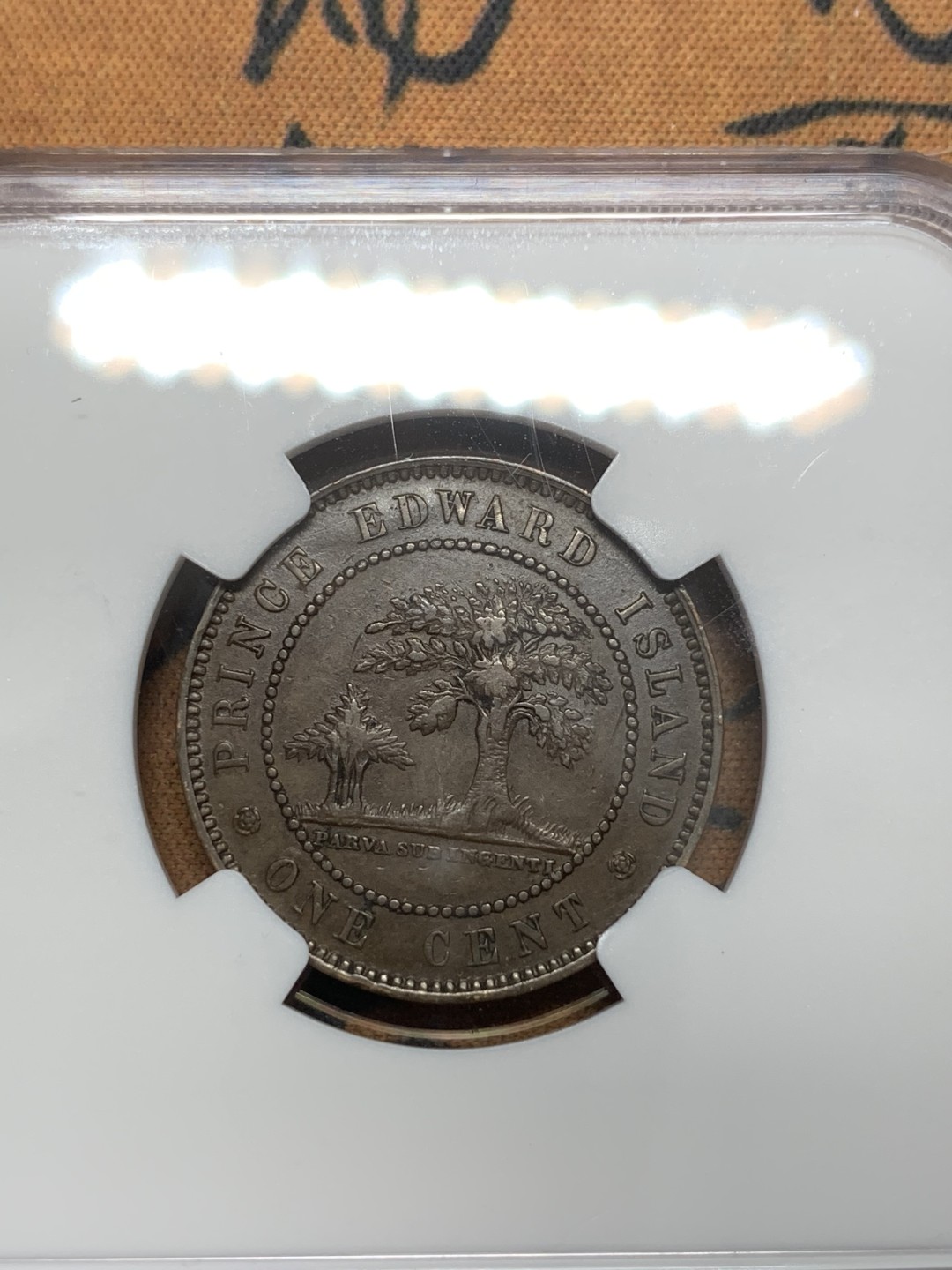 《竞宝斋》第109场-周日，周一 ，周四3场连拍（全场包邮） NGC-AU53 1871年 维多利亚女王 爱德华王子岛1分铜币 维皇像+橡树，少见品种。深棕色均匀包浆，细节很好。加拿大的诞生之地