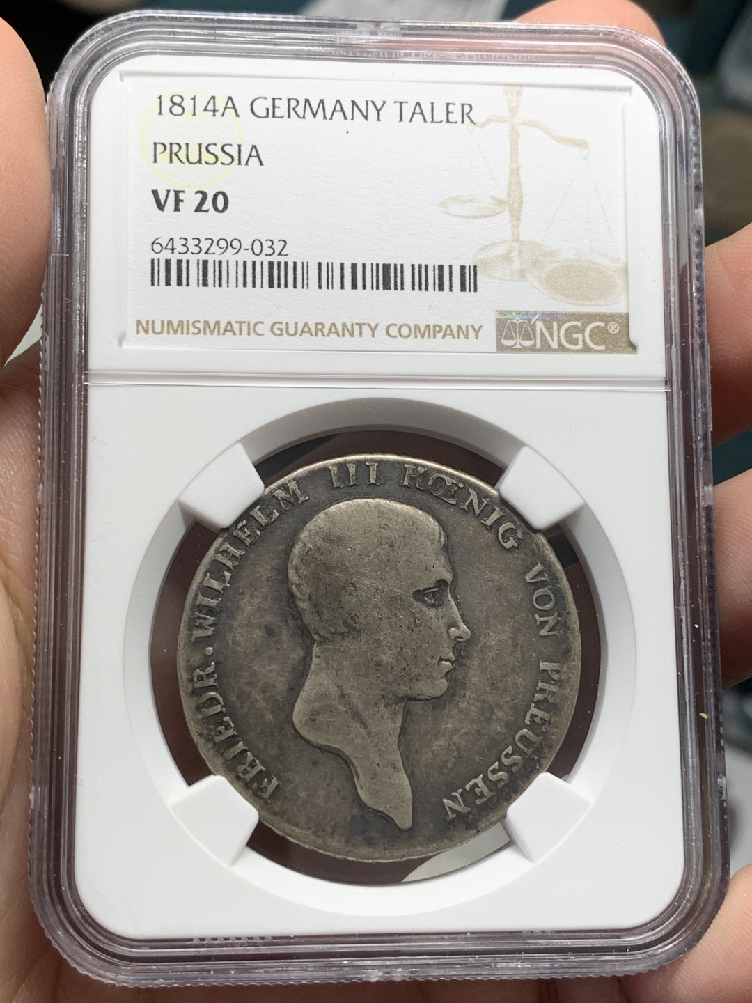 《竞宝斋》第109场-周日，周一 ，周四3场连拍（全场包邮） NGC-VF20 德国普鲁士1814年1泰勒，200年历史的老币，有分难得