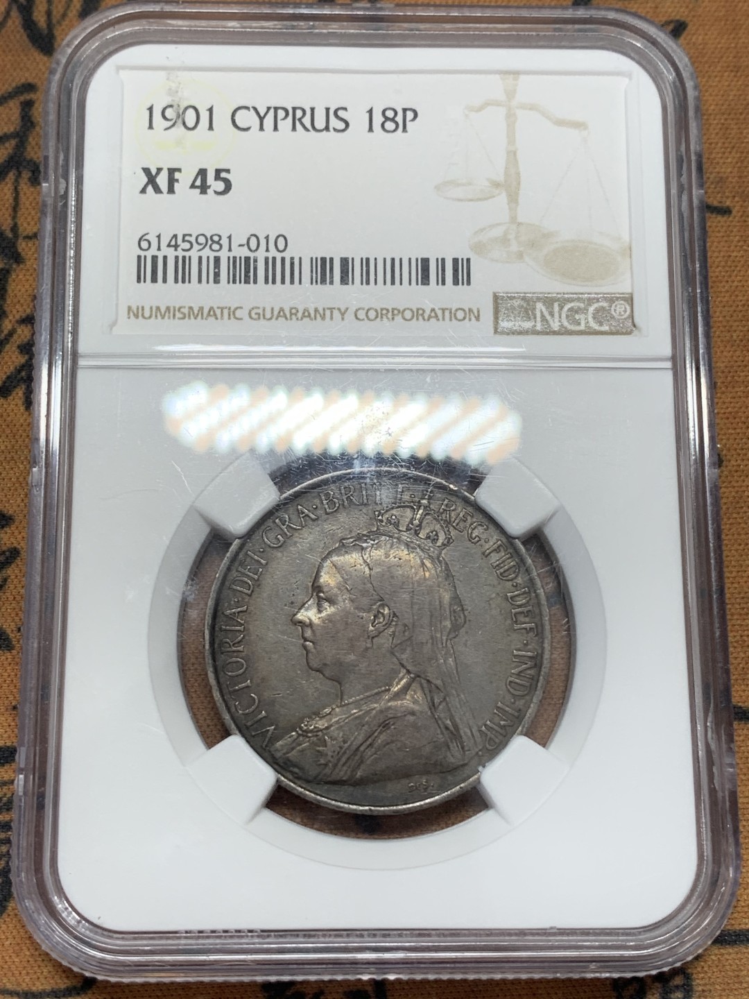 《竞宝斋》第109场-周日，周一 ，周四3场连拍（全场包邮） NGC XF45 1901年 英属塞浦路斯 18皮阿斯特 少见银币 单年份 发行量20W 原味包浆 细节好
