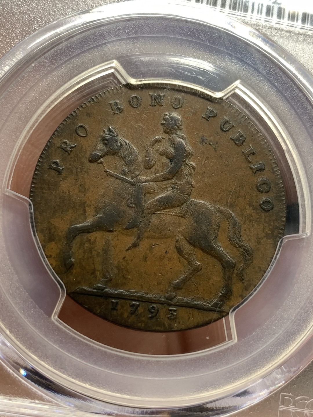 《竞宝斋》第109场-周日，周一 ，周四3场连拍（全场包邮） PCGS-XF40 1793年 英国 考文垂 戈黛娃夫人1/2便士Token，马背上的戈黛娃，英系代币经典。巧克力包浆，实物au级别
