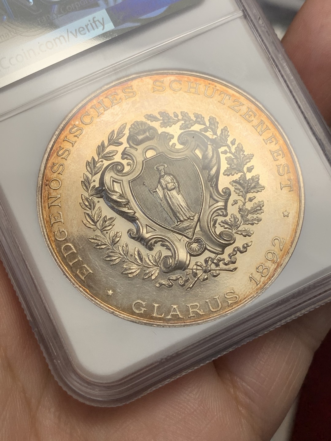 《竞宝斋》第109场-周日，周一 ，周四3场连拍（全场包邮） NGC MS61 瑞士 1892年 格拉鲁斯射击节大银章 镜面底板 金色包浆 低评好品好状态