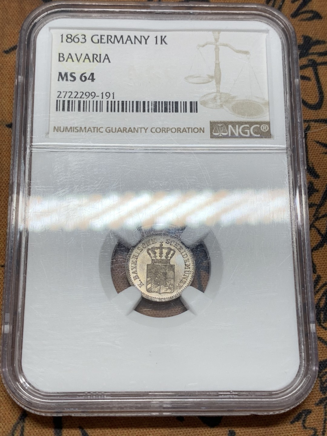 《竞宝斋》第109场-周日，周一 ，周四3场连拍（全场包邮） NGC-MS64 1863年 巴伐利亚1克洛泽银币 光感非常棒 很漂亮的一颗银辅币 高分不易