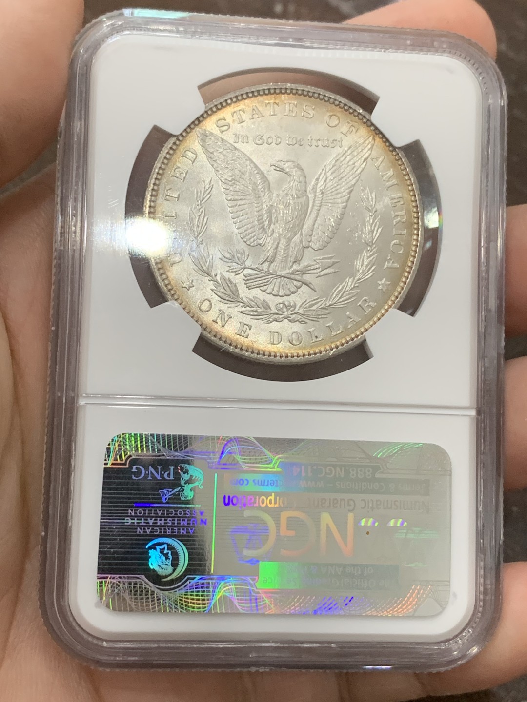 《竞宝斋》第109场-周日，周一 ，周四3场连拍（全场包邮） NGC-MS64 美国 1898年 摩根银币 疑似卷首币 女神面满灰彩 背淡金色环彩