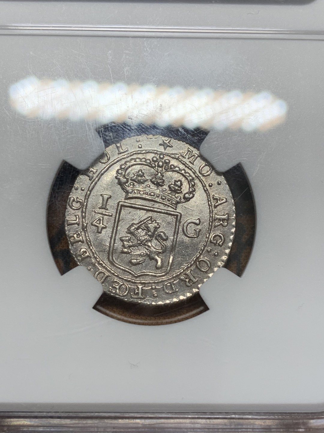 《竞宝斋》第109场-周日，周一 ，周四3场连拍（全场包邮） NGC MS62 荷属东印度群岛 1802年 巴达维亚共和国（1800-1806）1/4G 帆船银币 少见品种 细节好