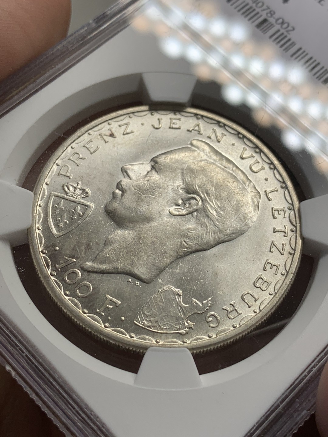 《竞宝斋》第109场-周日，周一 ，周四3场连拍（全场包邮） NGC-MS64 卢森堡 1946年 盲人约翰阵亡600周年纪念100法郎 银币