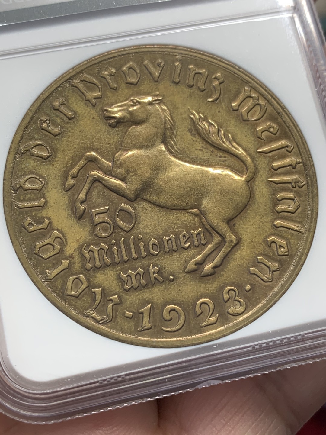 《竞宝斋》第109场-周日，周一 ，周四3场连拍（全场包邮） NGC MS61BN 1923年德紧马币5千万马克铜币