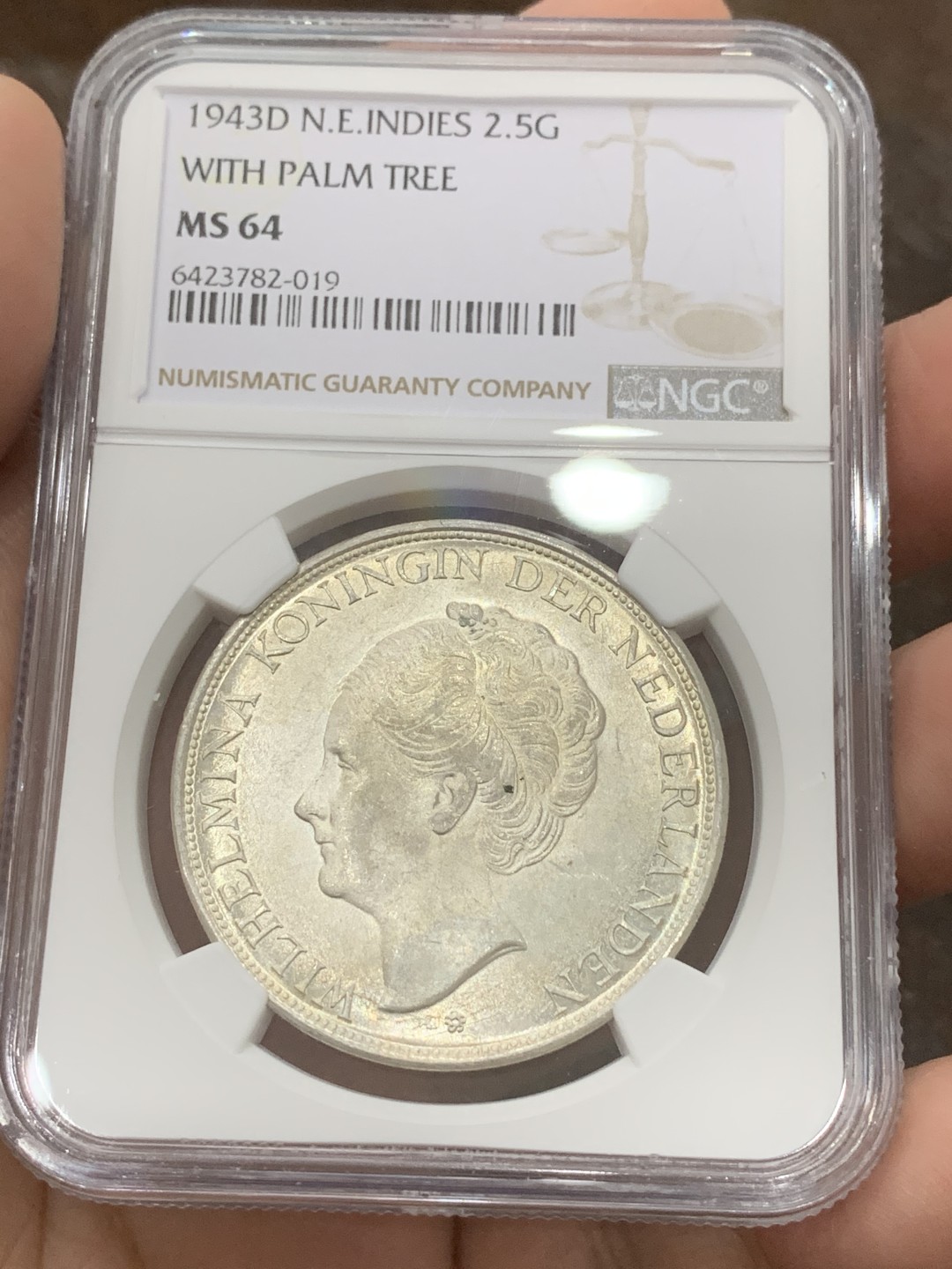 《竞宝斋》第109场-周日，周一 ，周四3场连拍（全场包邮） NGC-MS64 荷属东印度 1943年 威廉米娜女王 2.5盾大银币 原光好品 殖民地里的稀少品种