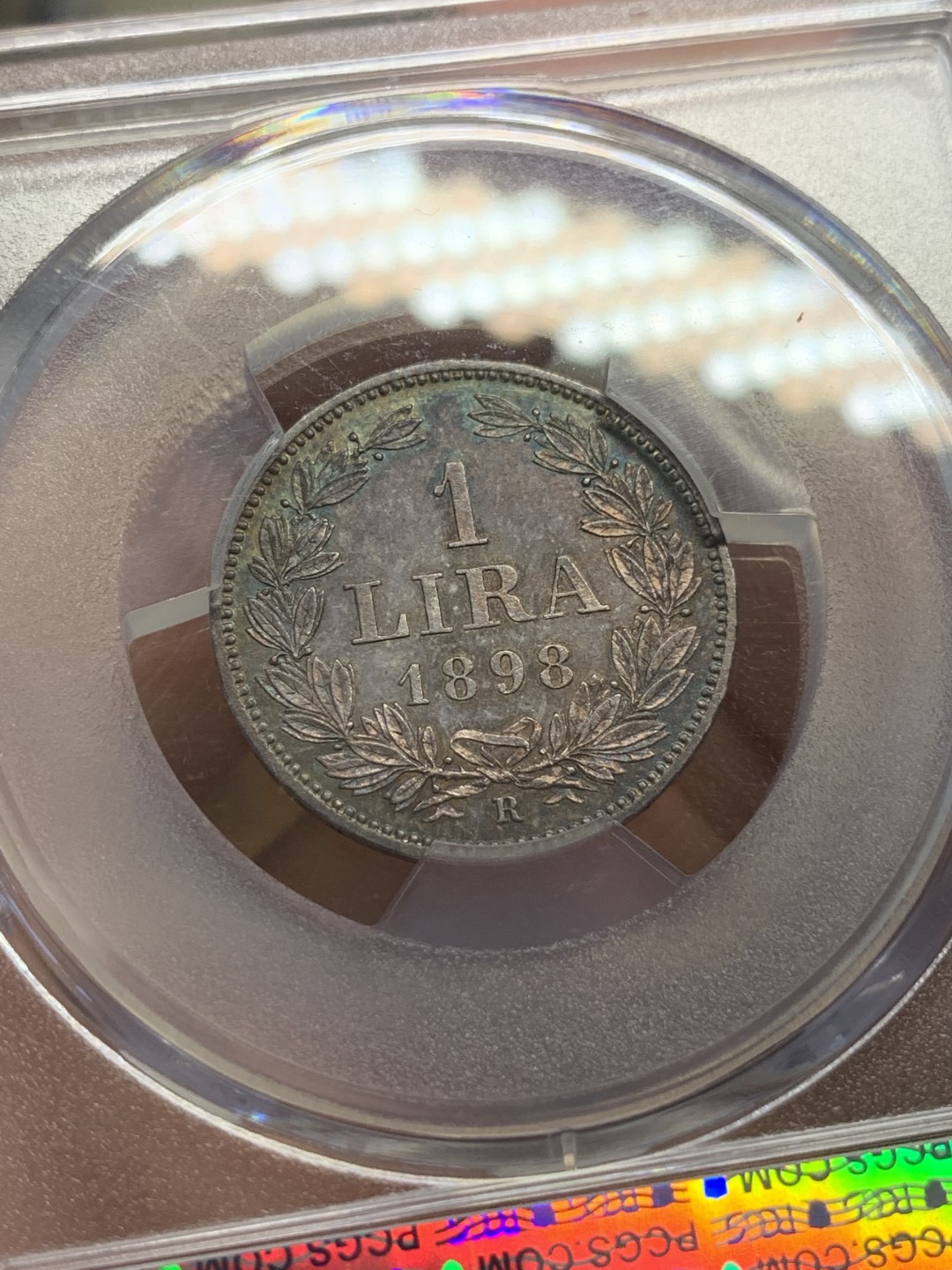 《竞宝斋》第109场-周日，周一 ，周四3场连拍（全场包邮） PCGS MS63 圣马力诺1898年城堡1里拉银币双面五彩光