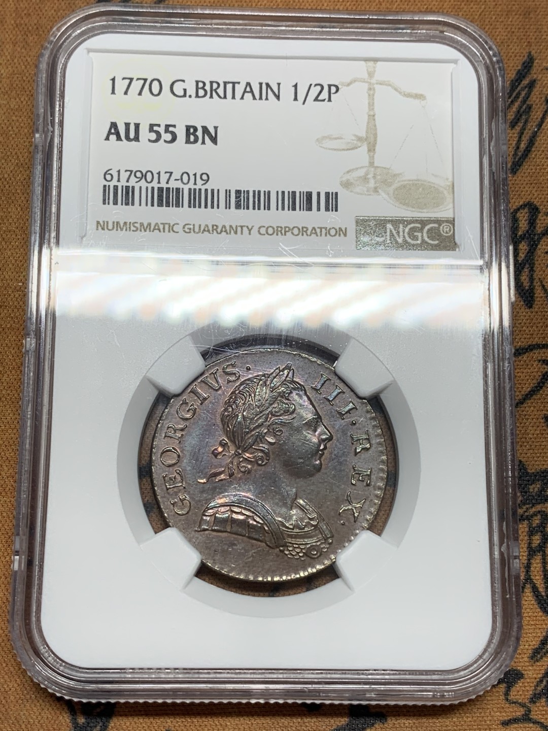 《竞宝斋》第109场-周日，周一 ，周四3场连拍（全场包邮） NGC AU55BN，英国1770年1/2便士铜币，巧克力色幻彩完美包浆