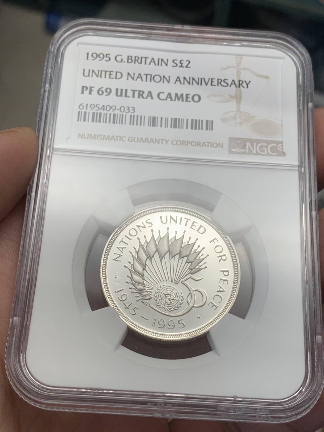《竞宝斋》第109场-周日，周一 ，周四3场连拍（全场包邮） NGC PF69UC 英国 1995年 联合国成立50周年（中年女王头像）2英镑纪念币 银币 超厚币胚