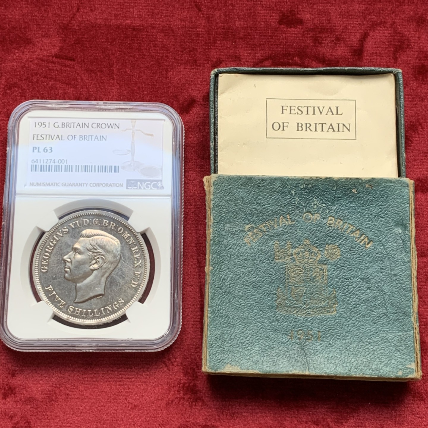 《竞宝斋》第109场-周日，周一 ，周四3场连拍（全场包邮） NGC-PL63 英国 1951年 1克朗 乔六镍马剑类精制币  ，带绿色原盒与证书