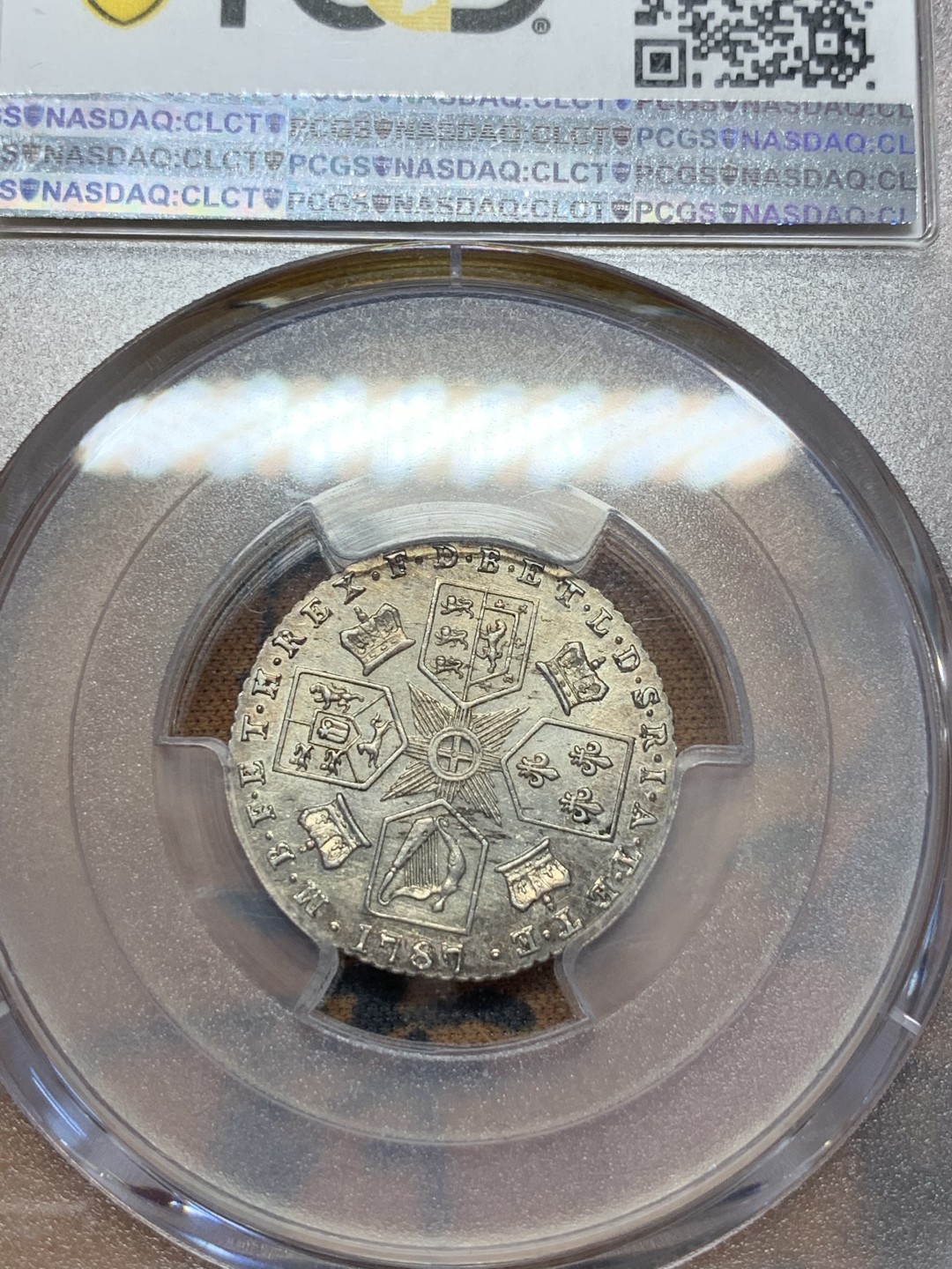 《竞宝斋》第109场-周日，周一 ，周四3场连拍（全场包邮） PCGS AU58 英国1787年乔治三世6便士银币细节好品低评状态