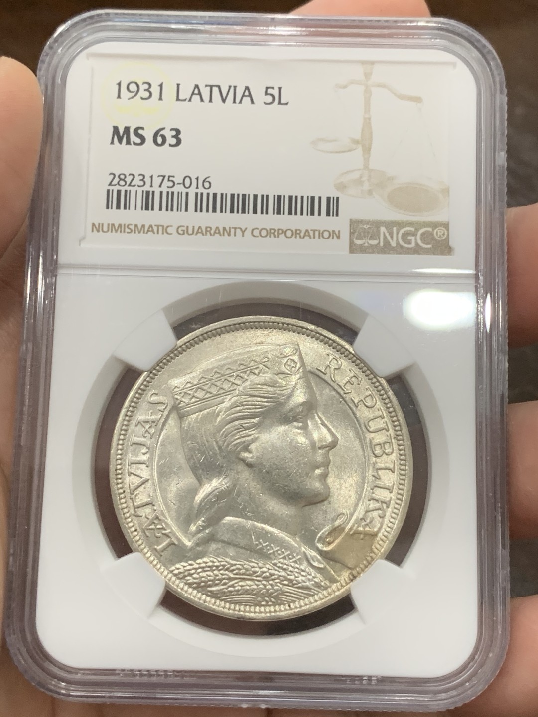 《竞宝斋》第109场-周日，周一 ，周四3场连拍（全场包邮） NGC-MS63 拉脱维亚 1931年 5拉特银币 火热的潜力品种 价格上升明显