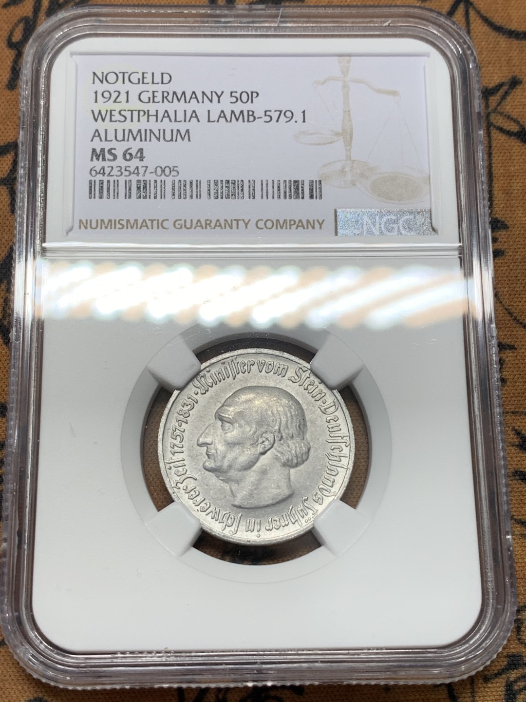 《竞宝斋》第109场-周日，周一 ，周四3场连拍（全场包邮） NGC MS64 1921年德紧马币50芬尼铝币