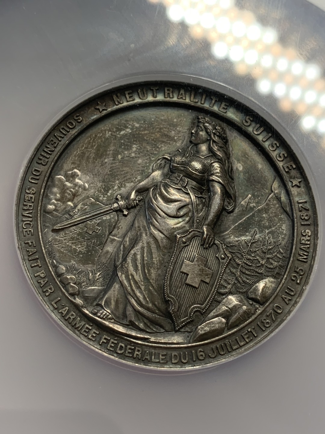 《竞宝斋》第109场-周日，周一 ，周四3场连拍（全场包邮） NGC-MS62 瑞士1871年汉斯射击纪念章 铜镀银 女神造型气势非凡值得收藏 大盒封装