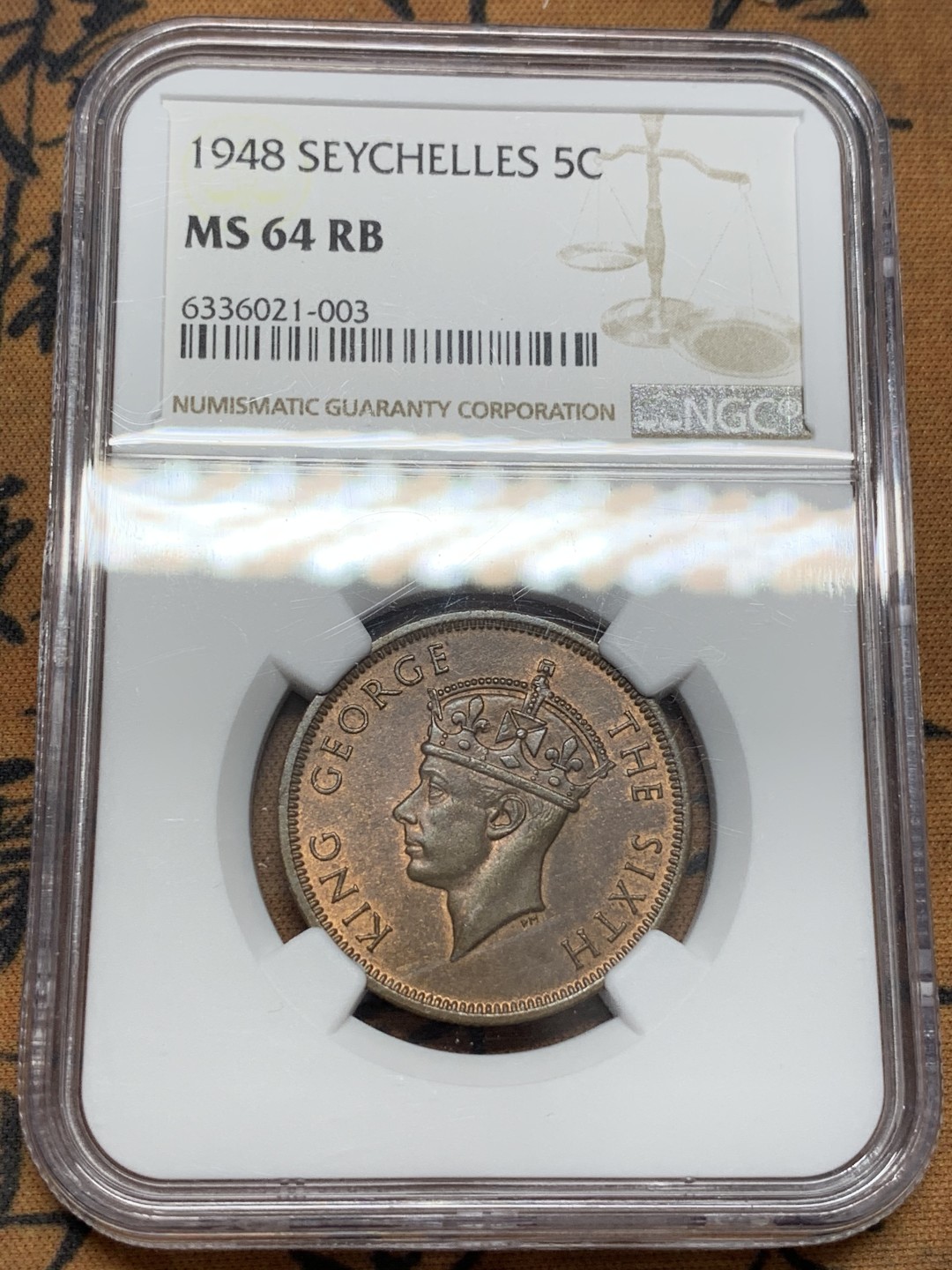 《竞宝斋》第109场-周日，周一 ，周四3场连拍（全场包邮） NGC MS64RB 1948 英属塞舌尔乔治六世5分 铜币 仅发行一年