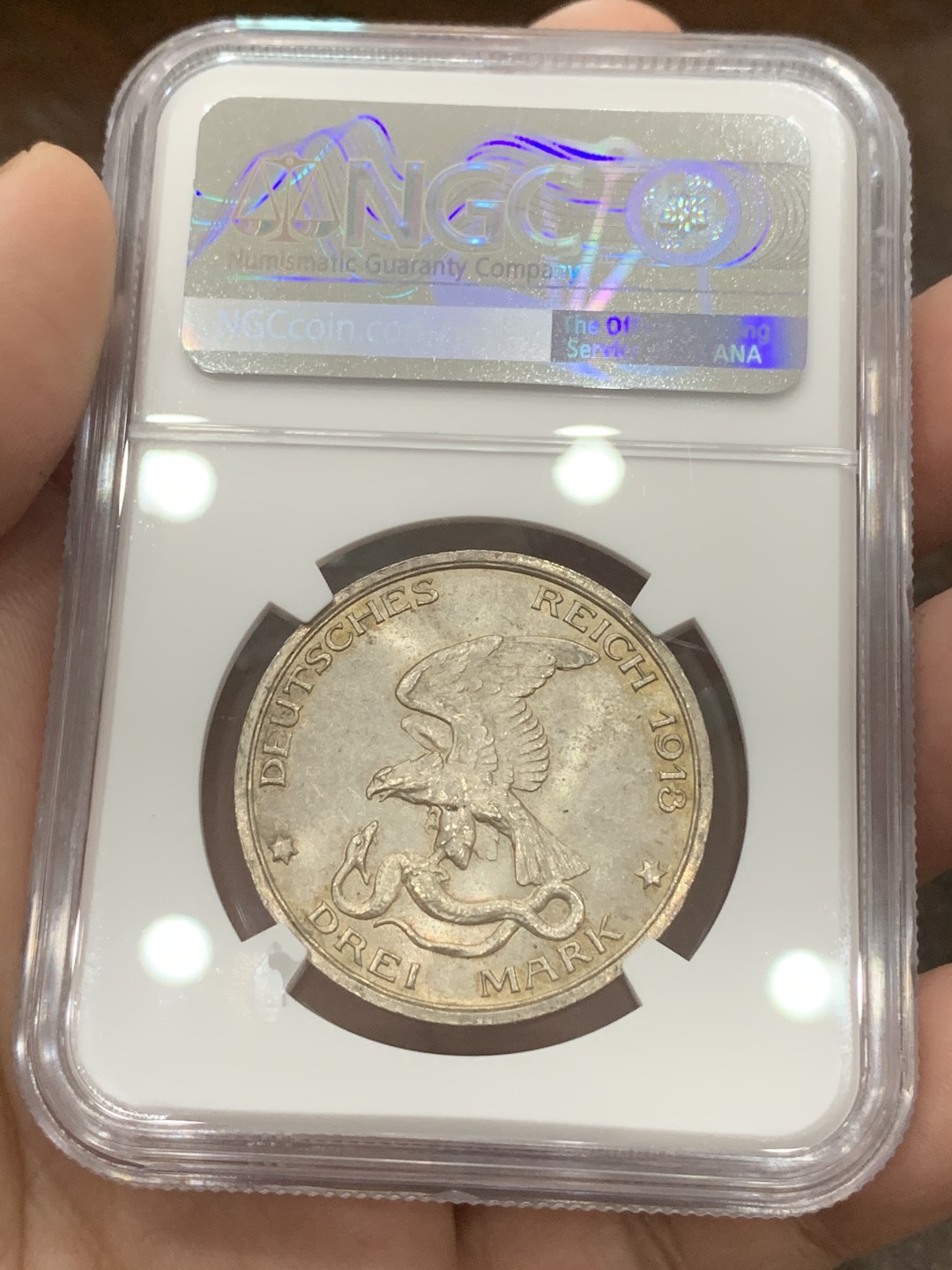 《竞宝斋》第109场-周日，周一 ，周四3场连拍（全场包邮） NGC-MS65 德国1913年 普法战争 3马克银币 顶级好品