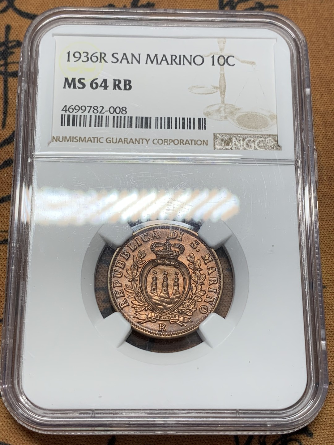 《竞宝斋》第109场-周日，周一 ，周四3场连拍（全场包邮） NGC MS64RB 1936 圣马力诺铜币 该版发行最少的年份