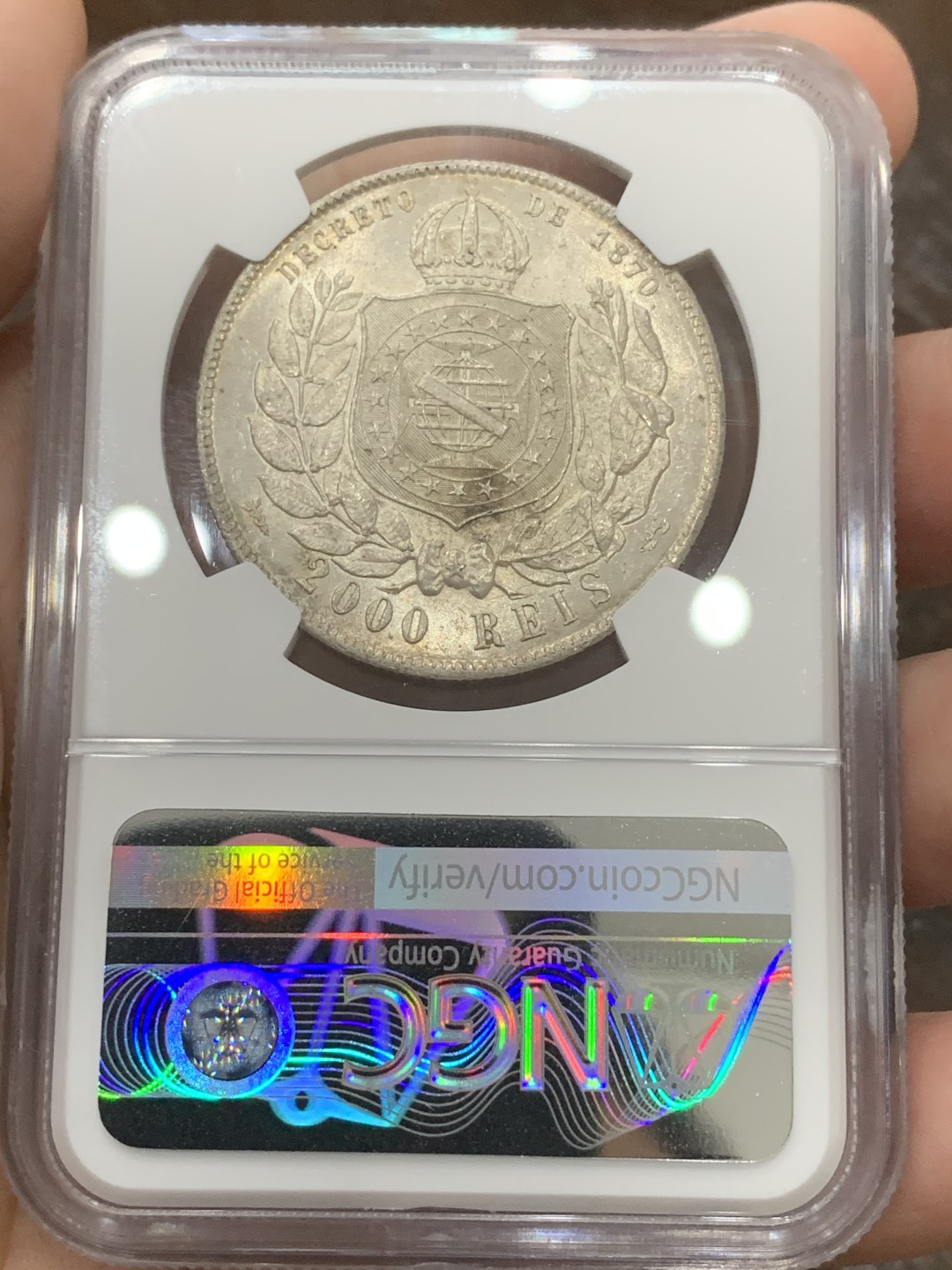 《竞宝斋》第109场-周日，周一 ，周四3场连拍（全场包邮） NGC-MS63 巴西1889年 佩德罗二世 2000R大银币 原光好品