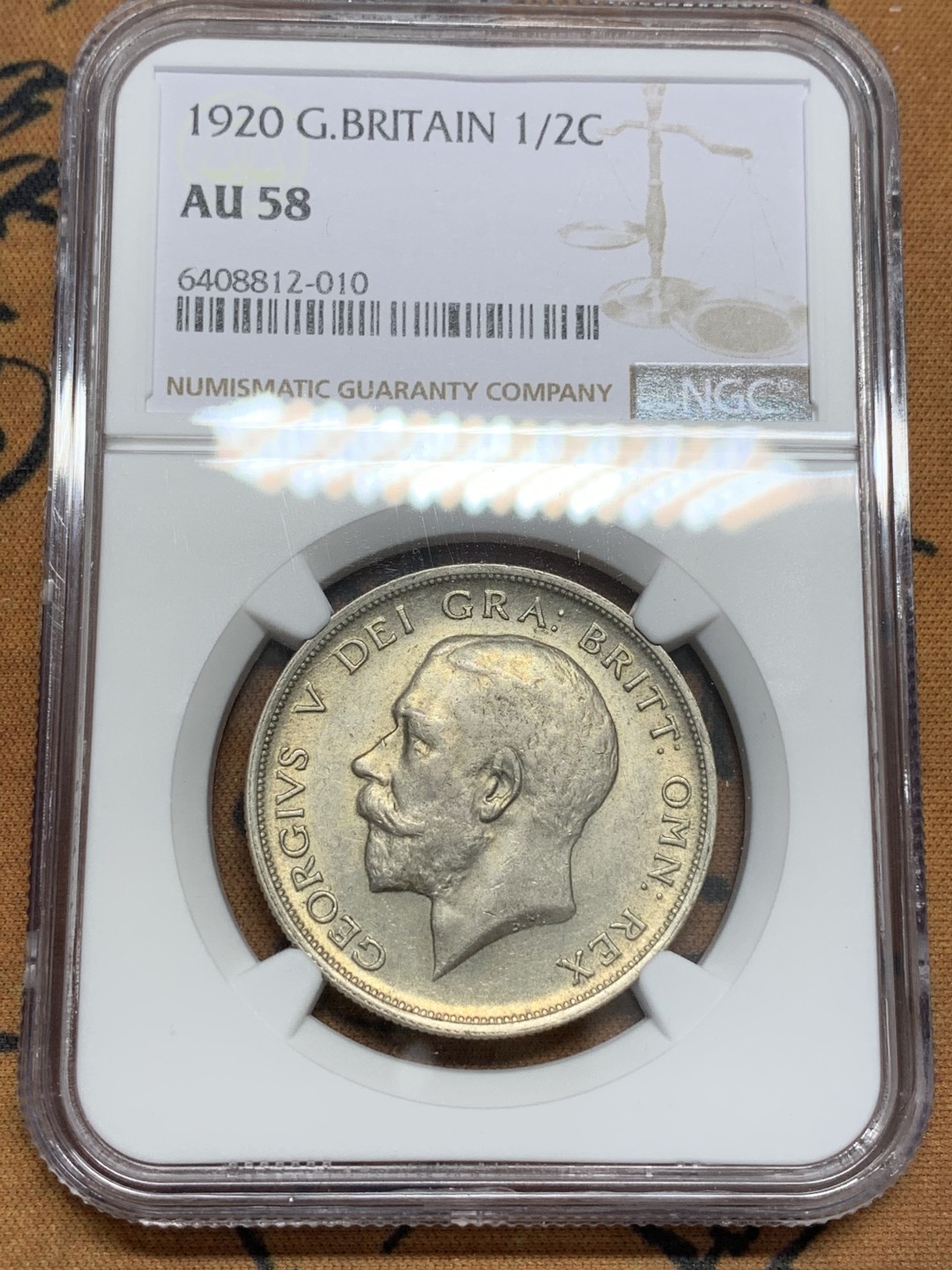 《竞宝斋》第109场-周日，周一 ，周四3场连拍（全场包邮） NGC-AU58 英国 1920乔治五世半克朗 半银的首年份 黄油包浆性价比高