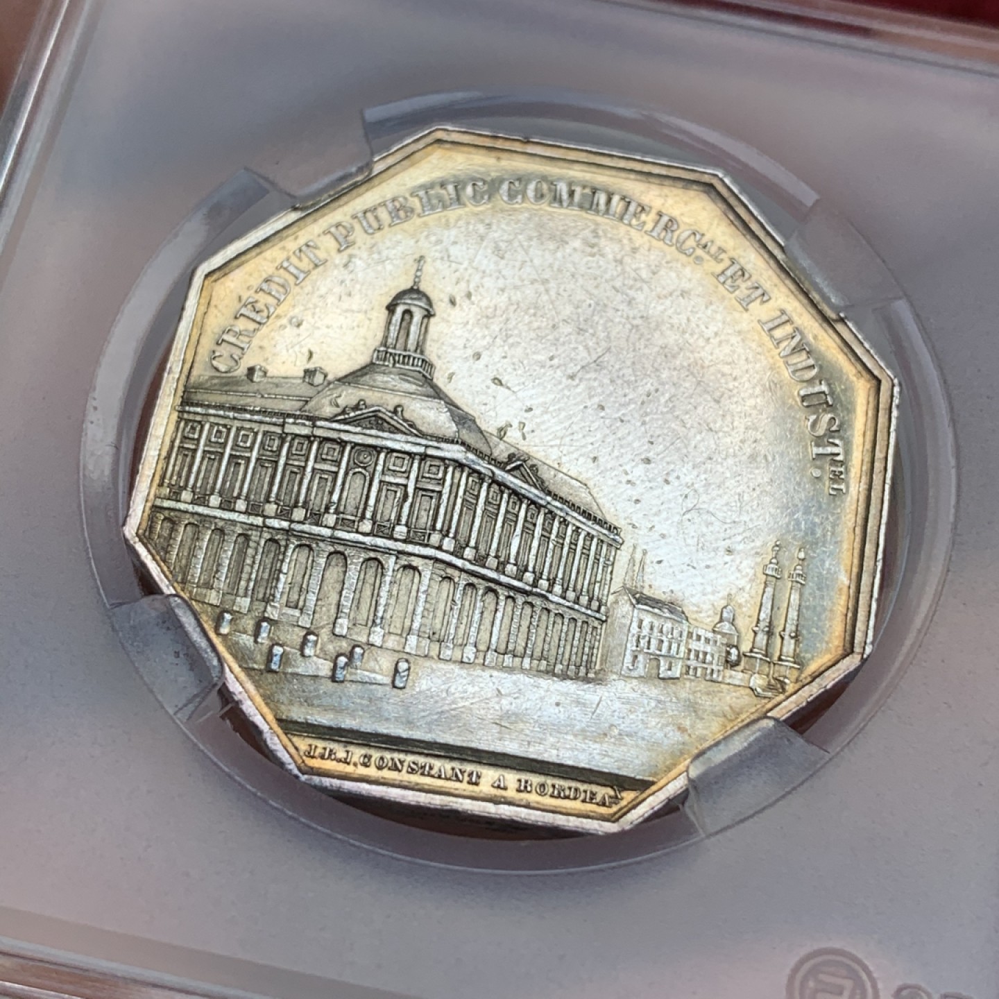 《竞宝斋》第109场-周日，周一 ，周四3场连拍（全场包邮） 1835年法国波尔多股票公司八角银制代币  重量：18.9g  边铭：手指银标 