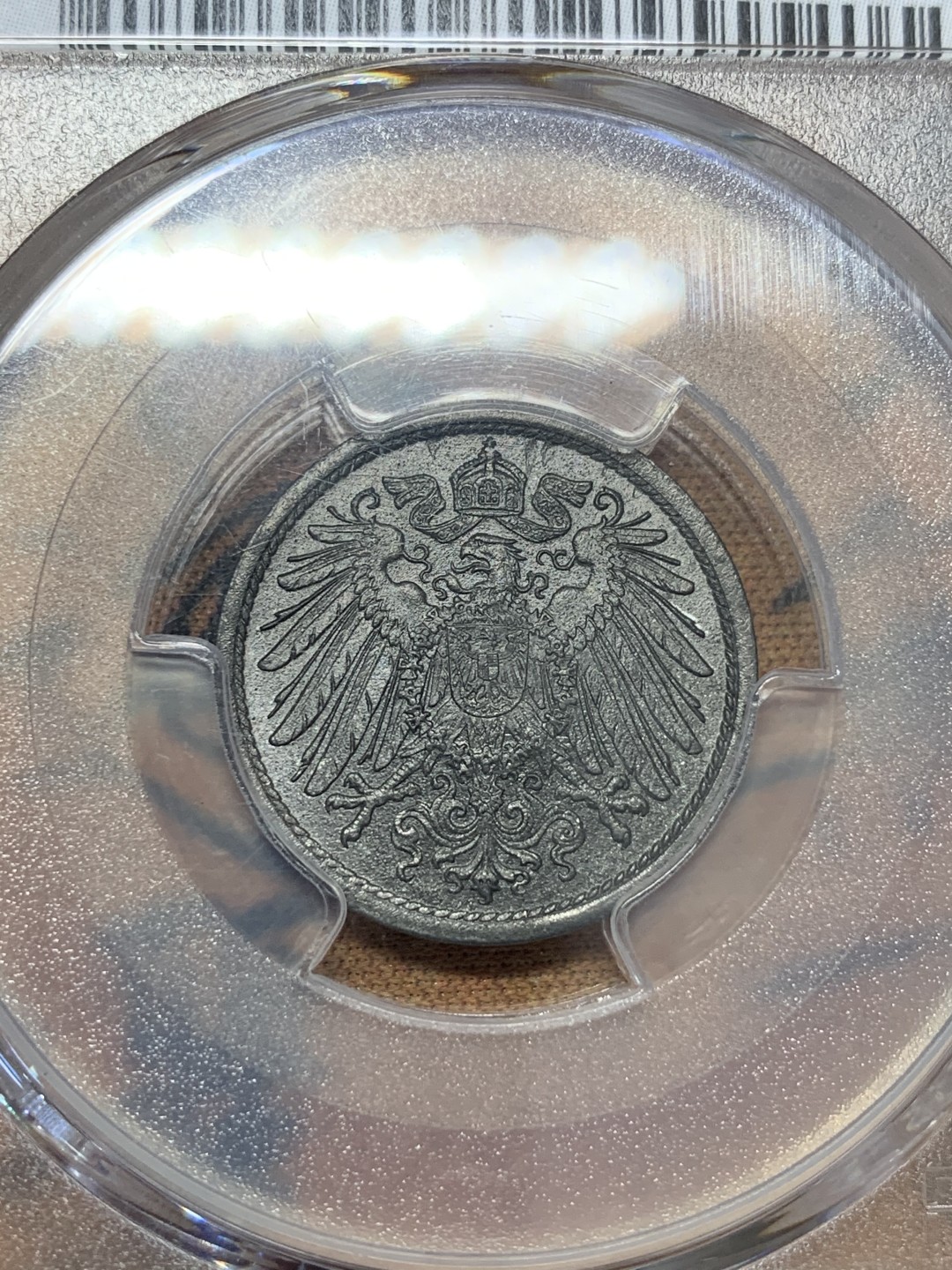 《竞宝斋》第109场-周日，周一 ，周四3场连拍（全场包邮） PCGS-MS65 德国 1921年 长翅 10芬尼锌币   保存不易