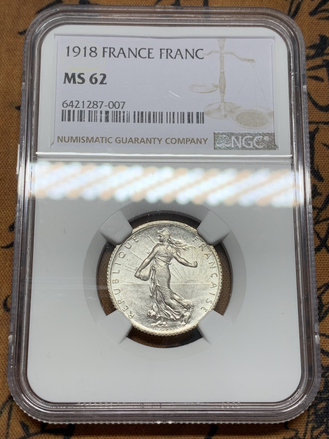 《竞宝斋》第109场-周日，周一 ，周四3场连拍（全场包邮） NGC-MS62 法国 1918年 1法郎银币