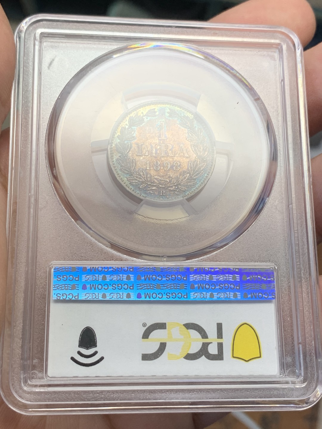 《竞宝斋》第109场-周日，周一 ，周四3场连拍（全场包邮） PCGS MS63 圣马力诺1898年城堡1里拉银币双面五彩光