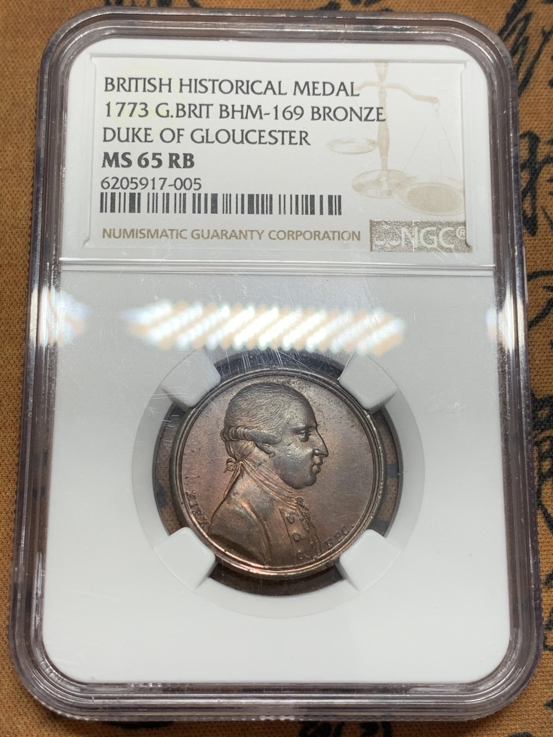 《竞宝斋》第109场-周日，周一 ，周四3场连拍（全场包邮） NGC MS65RB 英国 1773年 历史人物 纪念铜章之格罗斯特大公