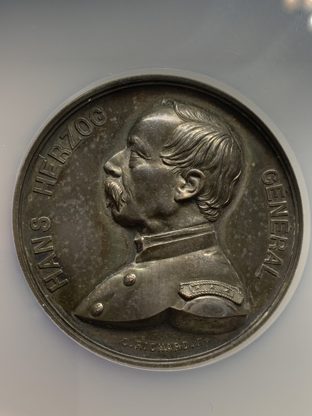 《竞宝斋》第109场-周日，周一 ，周四3场连拍（全场包邮） NGC-MS62 瑞士1871年汉斯射击纪念章 铜镀银 女神造型气势非凡值得收藏 大盒封装